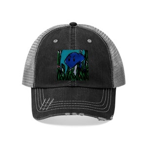 May include: A black and gray distressed trucker hat with a blue cartoon fish in a green and blue underwater scene. The fish has a white eye and a black mouth.