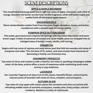 May include: A white background with the text "SCENT DESCRIPTIONS" at the top. Below, descriptions of various scents like Apple & Maple Bourbon, Snickerdoodle, and Pumpkin Spice Buttercream are listed.