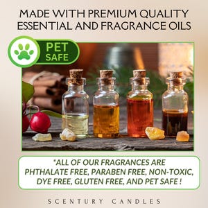 May include: Four small glass bottles with cork stoppers, each filled with a different colored essential oil. The image includes text that reads "Made with premium quality essential and fragrance oils" and "Pet Safe". The text also states the fragrances are phthalate free, paraben free, non-toxic, dye free, gluten free, and pet safe.