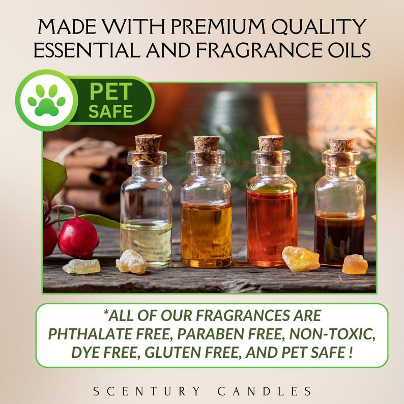 May include: Four small glass bottles with cork stoppers, each filled with a different colored essential oil. The image includes text that reads "Made with premium quality essential and fragrance oils" and "Pet Safe". The text also states the fragrances are phthalate free, paraben free, non-toxic, dye free, gluten free, and pet safe.