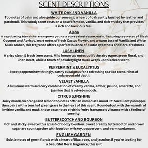 May include: A list of scent descriptions, including White Oak and Vanilla, Aloha, Lush Linen, Peppermint & Eucalyptus, Velvet Vanilla, Citrus Sunshine, Butterscotch and Bourbon, and English Garden. The text is in a serif font.