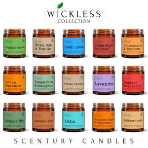 May include: A collection of Wickless Collection scented candles in glass jars with wooden lids. Each candle has a label with a unique scent name, such as "English Garden," "Lush Linen," and "Pumpkin Spice Buttercream."