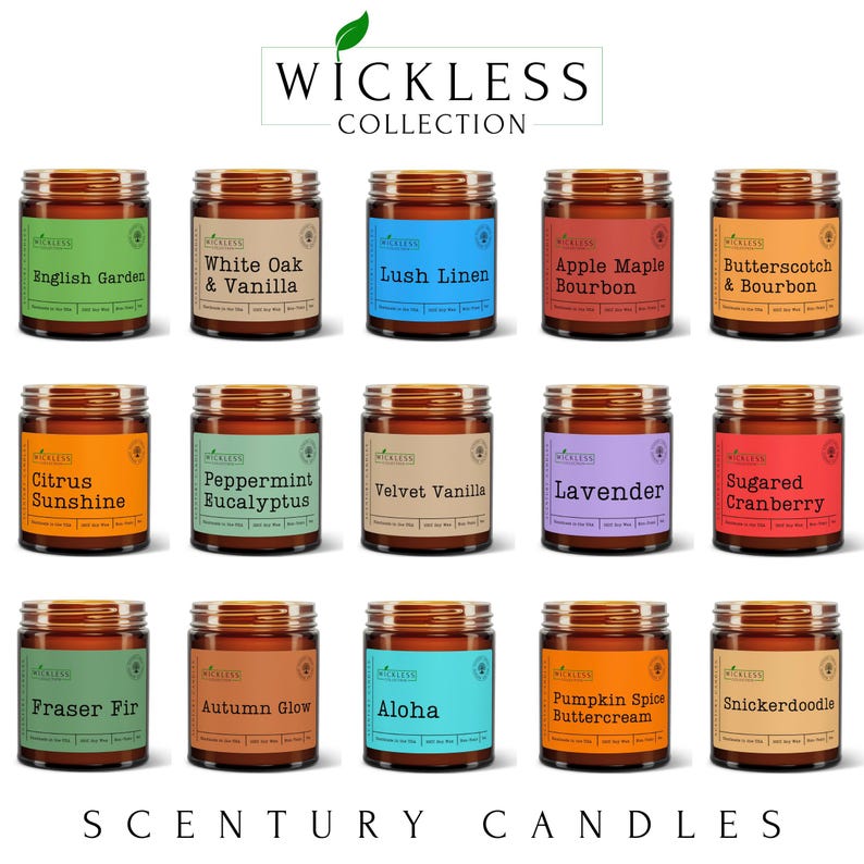 May include: A collection of Wickless Collection scented candles in glass jars with wooden lids. Each candle has a label with a unique scent name, such as "English Garden," "Lush Linen," and "Pumpkin Spice Buttercream."