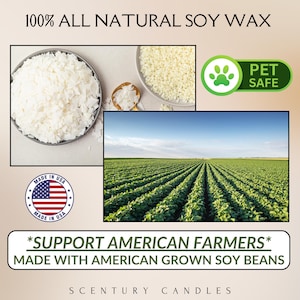 May include: An image showcasing soy wax, with text reading "100% All Natural Soy Wax." It includes images of soy wax flakes, a field of soy plants, and a "Pet Safe" label. The text also states "Made in USA" and "Support American Farmers."