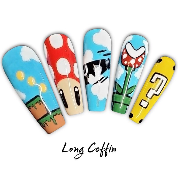 Super Mario gel press on nails, handmade, made to order