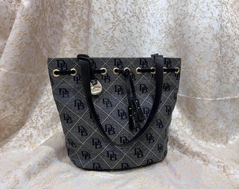 Vintage Dooney & Bourke Black Monogram Bucket Bag Tophandle Purse