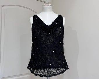 Vintage Black Lace Beaded Top with Cowl Neck 1990s Tank Top