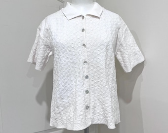 White Cotton Collared Shirt - 100% Cotton Knit Short Sleeve Button Down Top
