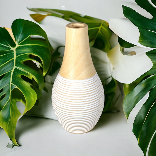 Mango Holz Vase Weiß gestreift Wohndekoration für Trockenblumen