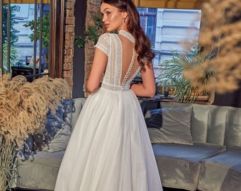 Modest Wedding Dress, Unique Wedding Dress, Lace Illusion Back Dress, High Neck Boho Wedding Dress,