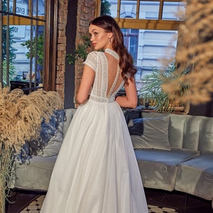Modest Wedding Dress, Unique Wedding Dress, Lace Illusion Back Dress, High Neck Boho Wedding Dress, image 1