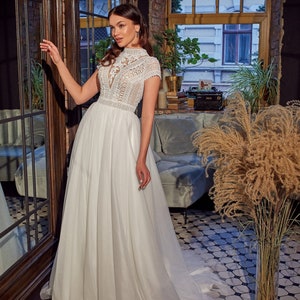 Modest Wedding Dress, Unique Wedding Dress, Lace Illusion Back Dress, High Neck Boho Wedding Dress, image 2