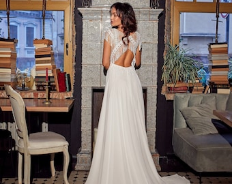 Long Beige Lace Wedding Dress/ Bohemian Long Beige Lace, 58% OFF