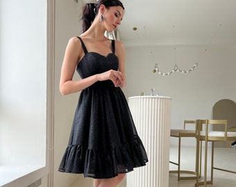 Sparkling Black Midi Dress, Black Prom Dress, Shimmering Dress, Engagement Dress, Reception Dress