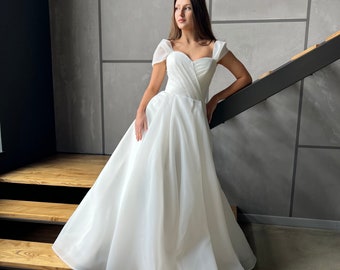Organza Wedding Dress, Rustic Wedding Dress, Forest Wedding Dress, Modern Wedding Dress with Off Shoulder Straps