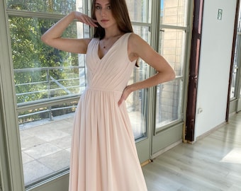 Blush Chiffon Prom Dress, Peach Prom Dress, Custom Prom Dress, Blush Minimalist Dress, Modern Wedding Dress, Unique Wedding Dress