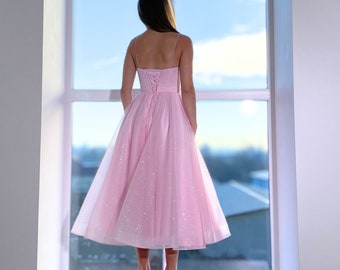 Pink Prom Dress, Shimmering Dress, Graduation Dress, 1950s Prom Dress, Barbie Pink Dress