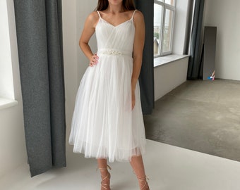 Tulle Midi Wedding Dress, Bridal Shower Dress, White Prom Dress, White Midi Dress, Casual Wedding Dress, Engagement Dress