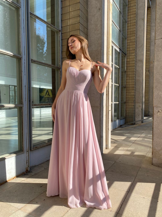 Light Pink Chiffon Dress, Floor Length Ball Gown, Sleeveless Spaghetti  Strap Dress, Corset Prom Dress, Fairy Wedding, Pink Bridesmaid Dress -   Canada