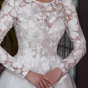 floral lace bodice with corset inside, modest wedding dress, the corset has the built-in bra, the corset fastens with a ribbon for a perfect fit, long floral lace sleeves are puffed on the shoulders