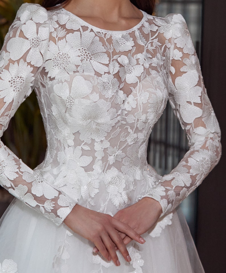 floral lace bodice with corset inside, modest wedding dress, the corset has the built-in bra, the corset fastens with a ribbon for a perfect fit, long floral lace sleeves are puffed on the shoulders