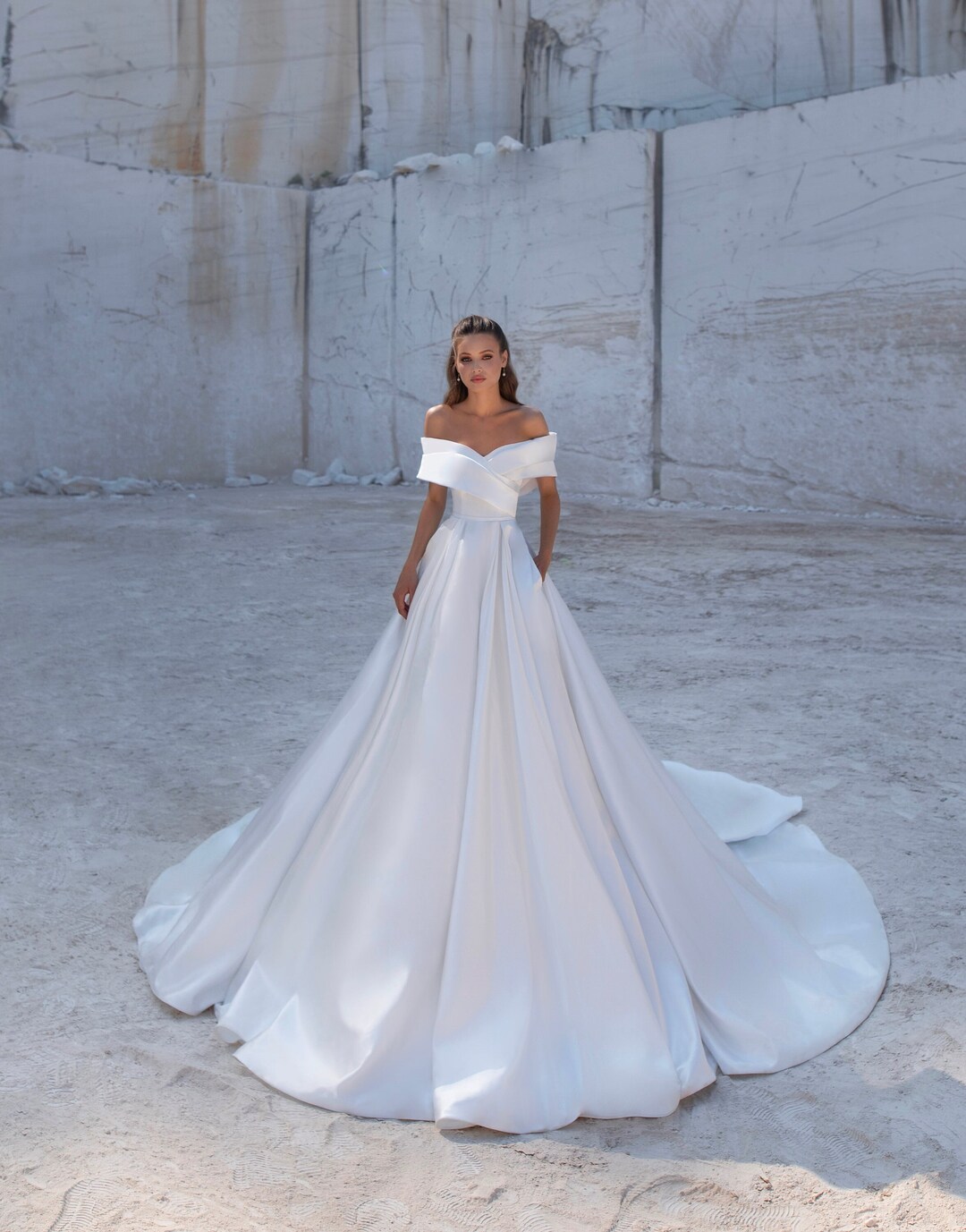 Off Shoulder Satin Wedding Gown, Luxury Wedding Dress With a Cathedral ...