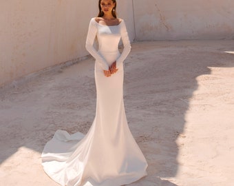 Off-the-Shoulder Satin Mermaid Dress, Minimalist Mermaid Bride, Royal Wedding Dress, Winter Wedding Dress, Meghan Wedding Dress