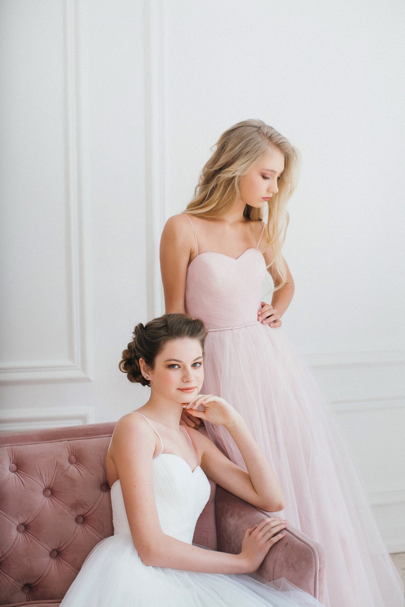 a line wedding dress, off-white wedding dress, pink prom dress, pink tulle dress, custom prom dress, a corset is decorated with refined drapery, a sweetheart corset, a ribbon fastening on the back, effortless tulle skirt
