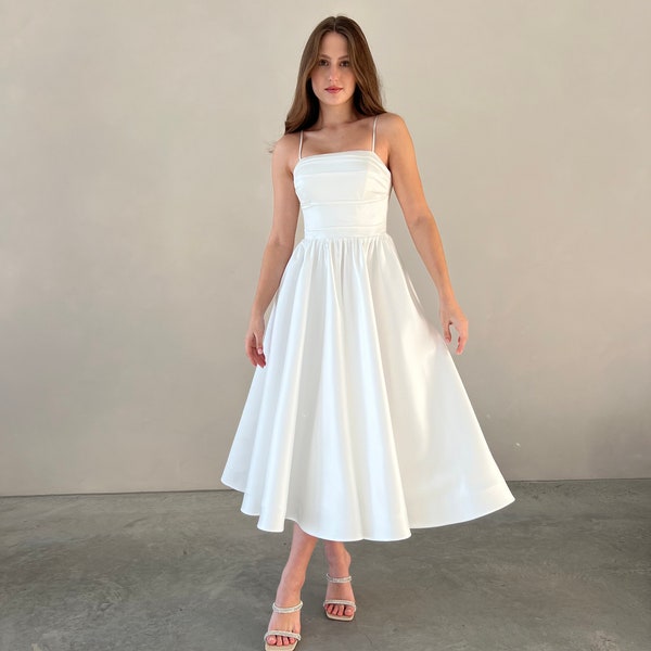 Casual Wedding Dress, Elopement Dress, White Midi Dress, Civil Wedding Dress, White Cottagecore Dress