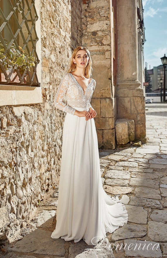 Blush chiffon shop wedding dress