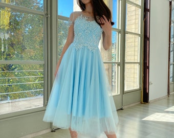 Blue Tulle Dress with Luxurious Embroidery, Fairy Prom Dress, Tea Length Dress, Tulle Prom Dress, 1950s dress