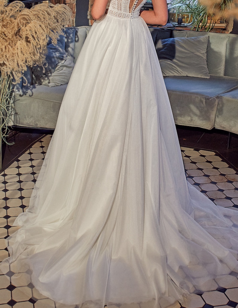 Modest Wedding Dress, Unique Wedding Dress, Lace Illusion Back Dress, High Neck Boho Wedding Dress, image 7