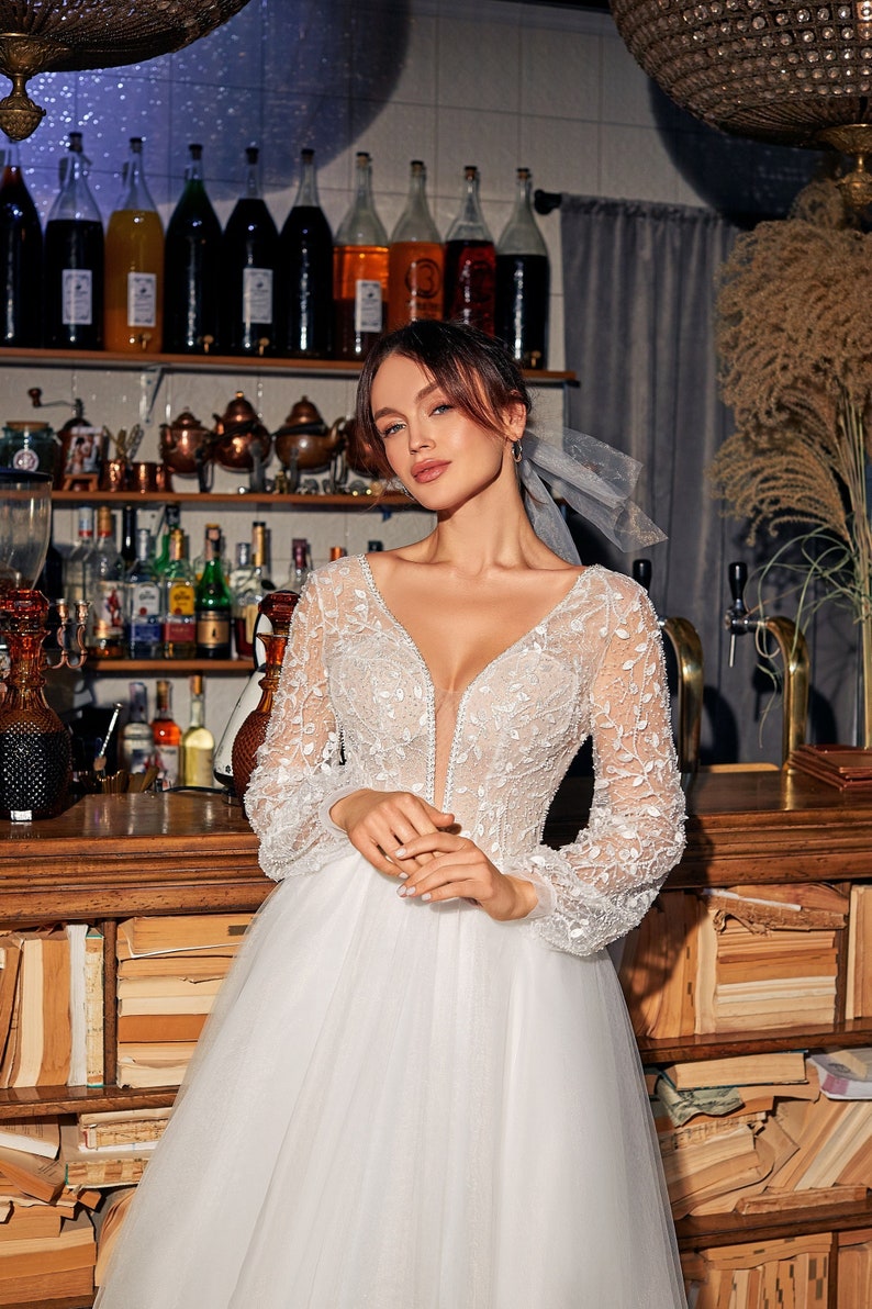 Tulle and lace wedding dress, amazing wedding dress, wedding dress with slit, 3d lace wedding dress, deep V neck, puffy skirt with slit, white wedding dress, corset wedding dress, romantic bridal gown