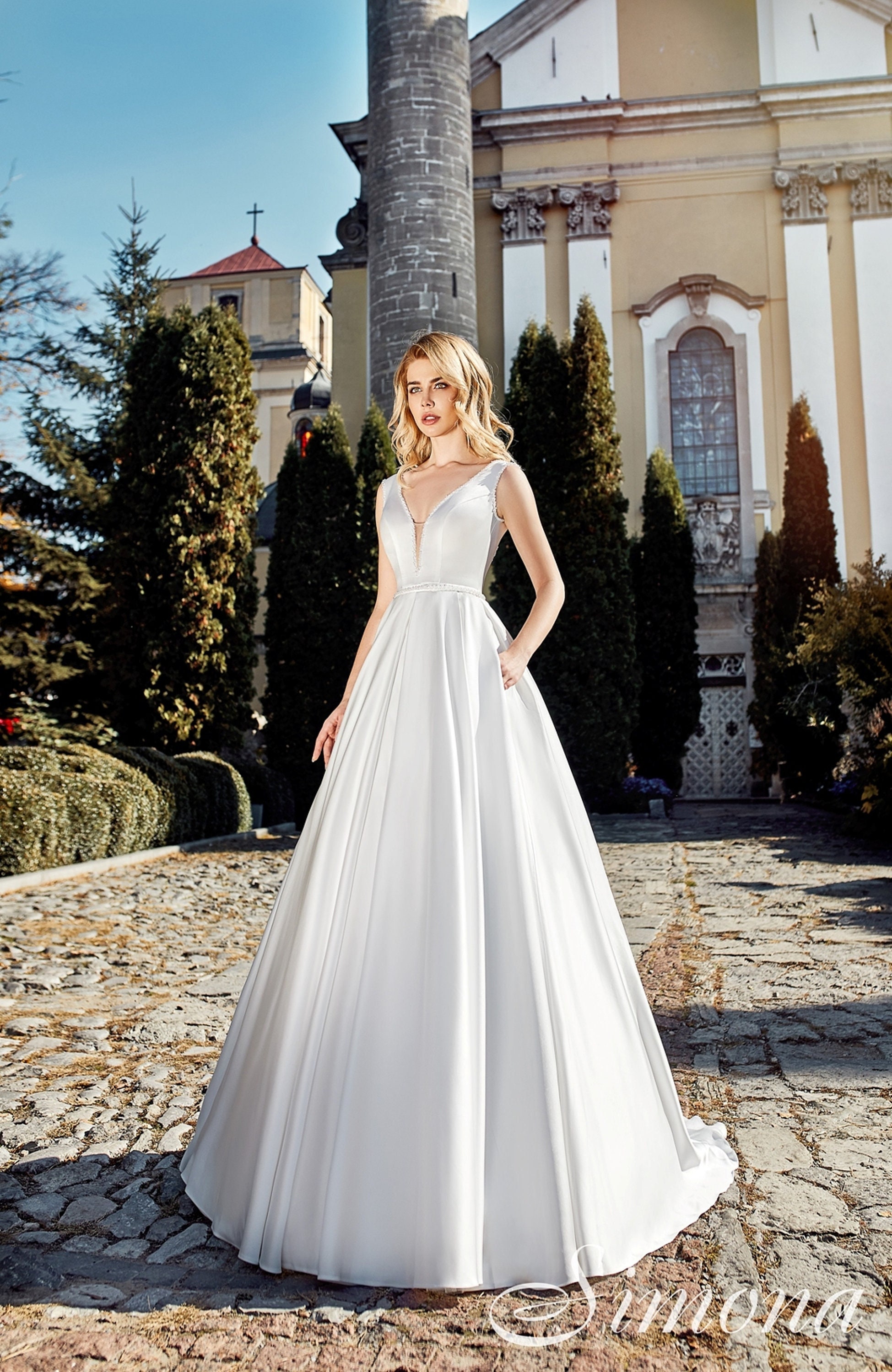 A line v neck satin prom dress sale