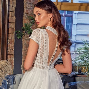 Modest Wedding Dress, Unique Wedding Dress, Lace Illusion Back Dress, High Neck Boho Wedding Dress, image 8