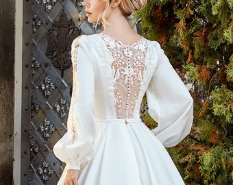 Modest Wedding Dress, Satin Wedding Dress, Boho Wedding Dress with Puffy Sleeves, Lace Back Wedding Dress