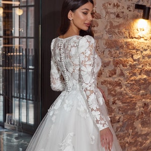 modest wedding dress, a line wedding dress, timeless wedding dress, floral lace bodice with long sleeves, corset with the built-in bra and a ribbon fastening on the back, the back of the dress fastens with small buttons