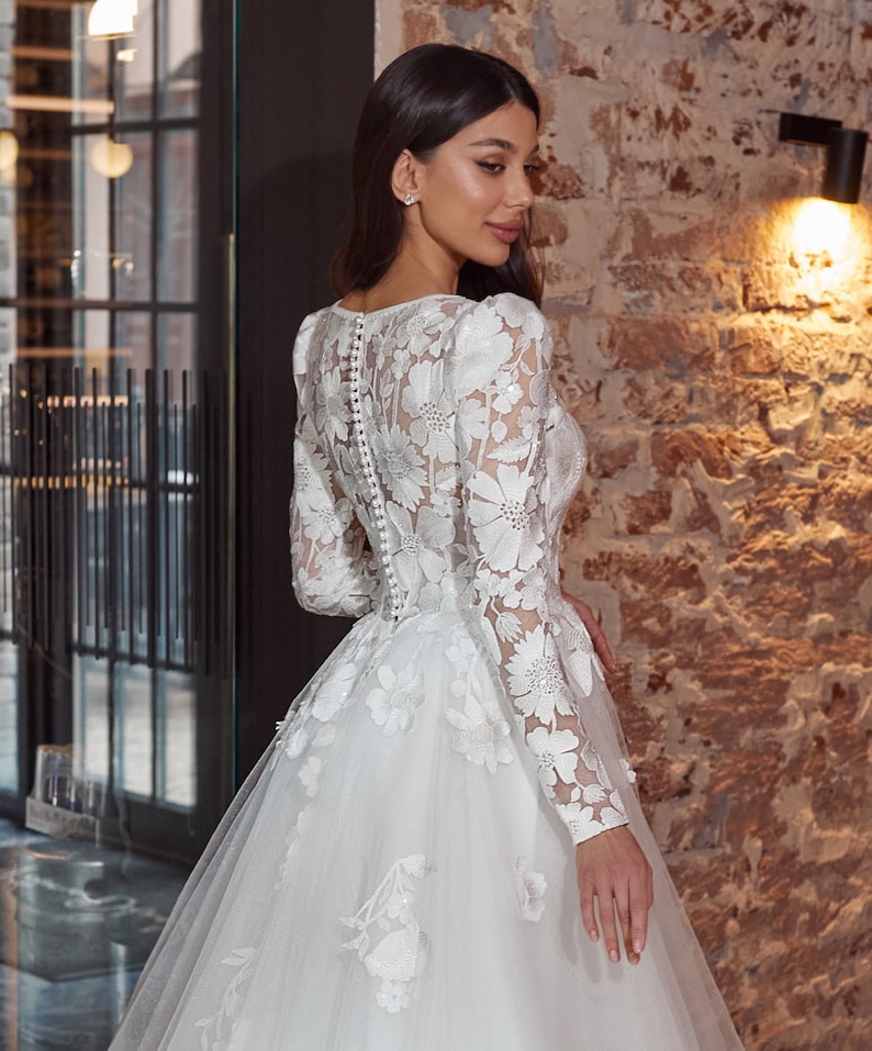 modest wedding dress, a line wedding dress, timeless wedding dress, floral lace bodice with long sleeves, corset with the built-in bra and a ribbon fastening on the back, the back of the dress fastens with small buttons