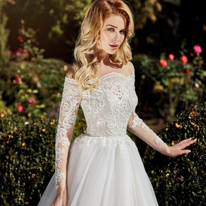 Illusion Square Neck White Long Sleeves Princess Ball Gown Wedding