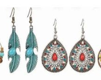 Pairs Bohemian Earrings Vintage Dangle earrings Turquoise Metal Hollow Pendant Earrings