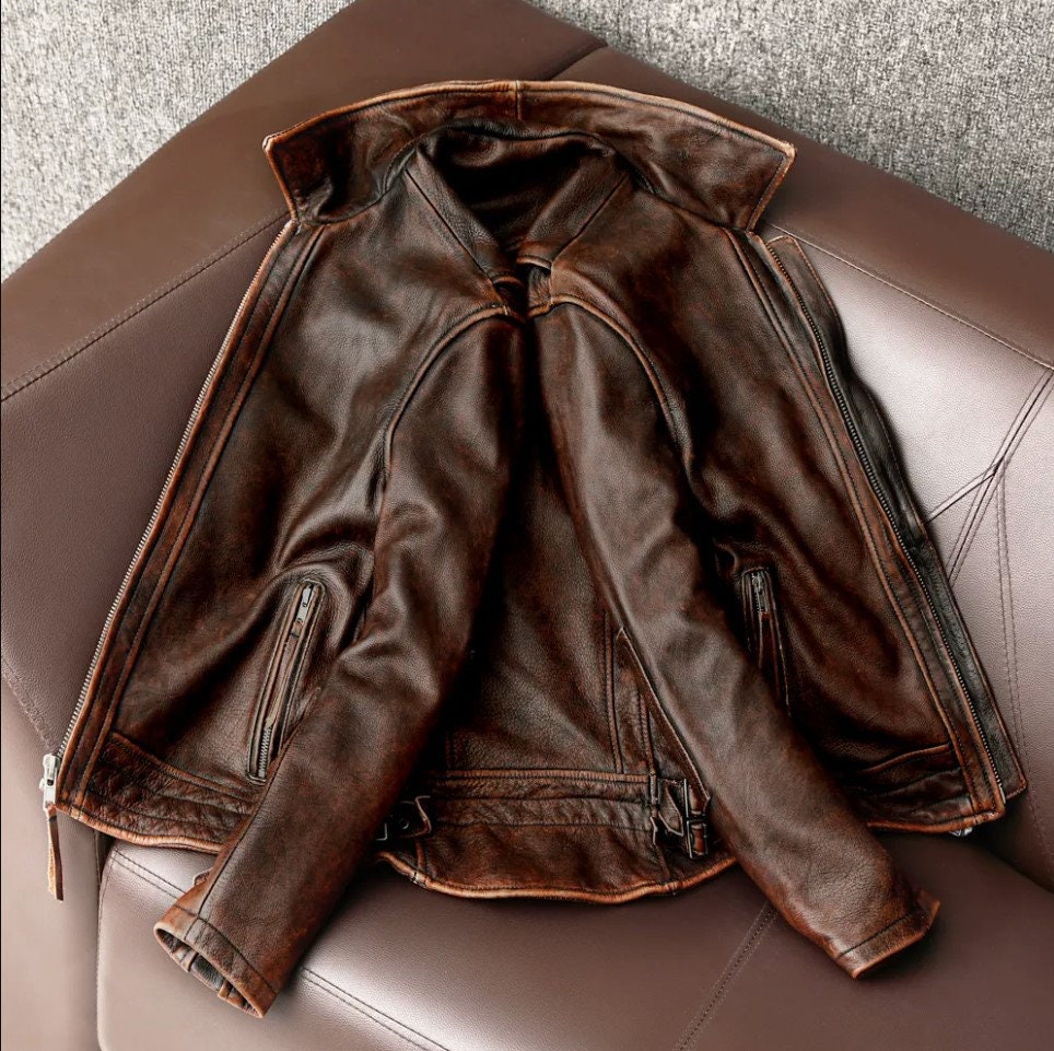 Antique Brown Handmade Leather Jacket Waxed Motorcycle Etsy