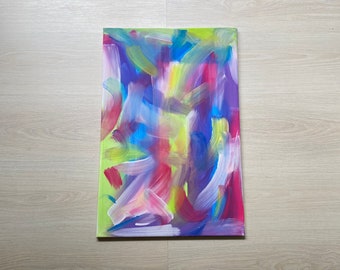 Pintura abstrata em tela feita à mão: roxo, rosa, verde, azul (60x40)