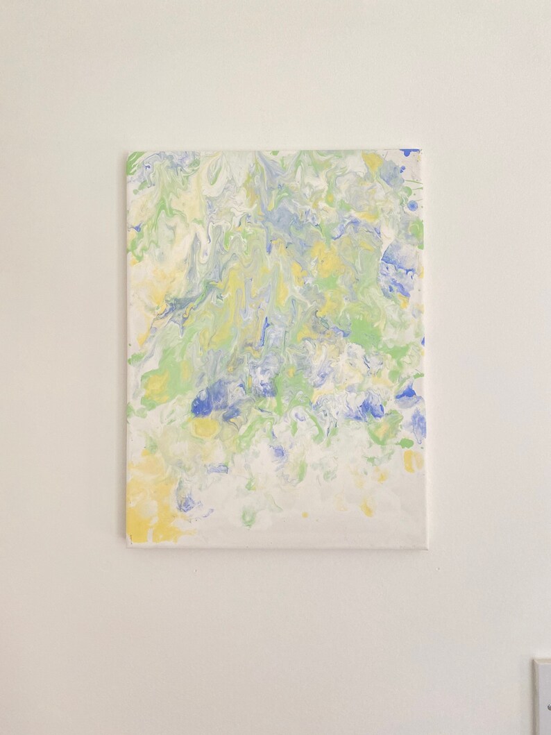 light pastel colours across the canvas spreading in a downward motion. 

colours: blue, yellow and green. 

original handmade canvas painting. 

size: 30by40cm