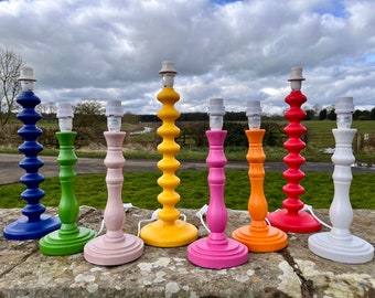 Brightly coloured bobble and candle stick table lamp base