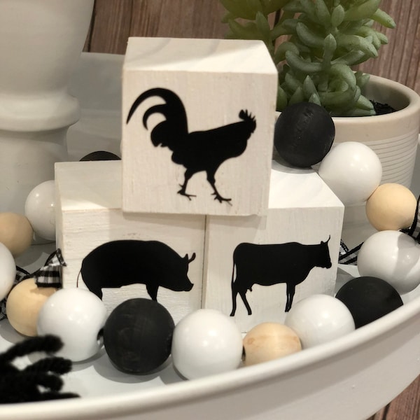 Farm Animal Wood Blocks Tier Tray Decor