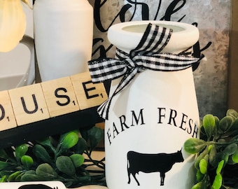 Vintage Milk Jug, Fresh Milk Farmhouse Mini Tier Tray Decor, Farm Fresh Milk jug, Mini Glass Milk Jar, Farmhouse Style Tier Tray, Cow Themed