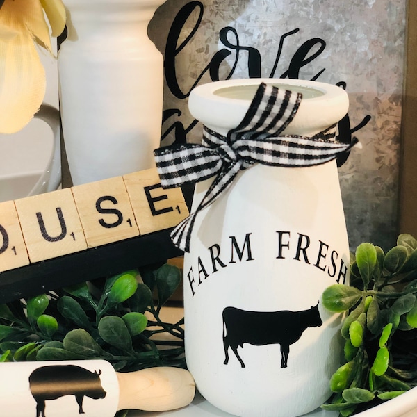 Vintage Milk Jug, Fresh Milk Farmhouse Mini Tier Tray Decor, Farm Fresh Milk jug, Mini Glass Milk Jar, Farmhouse Style Tier Tray, Cow Themed