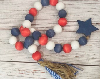 4th of July, Independence Day, Memorial Day, Tier Tray, Centerpiece, Home Decor, Wood Bead Garland, America Themed Tier Tray, Star Decor