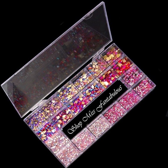 3100pcs, 21 Grids AB Pink Nail Rhinestones Set, Flat Back, With Nail Tool  Holder Storage Box 