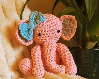 Rosa häkeln Elefant Plüsch - handgemachtes gefülltes Elefant Spielzeug - weiche Baumwolle Kinderzimmer Dekor - süßes Baby-Dusche-Geschenk